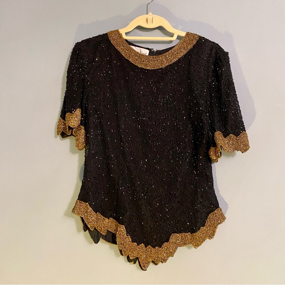 Black Beaded Top with Gold Trim
